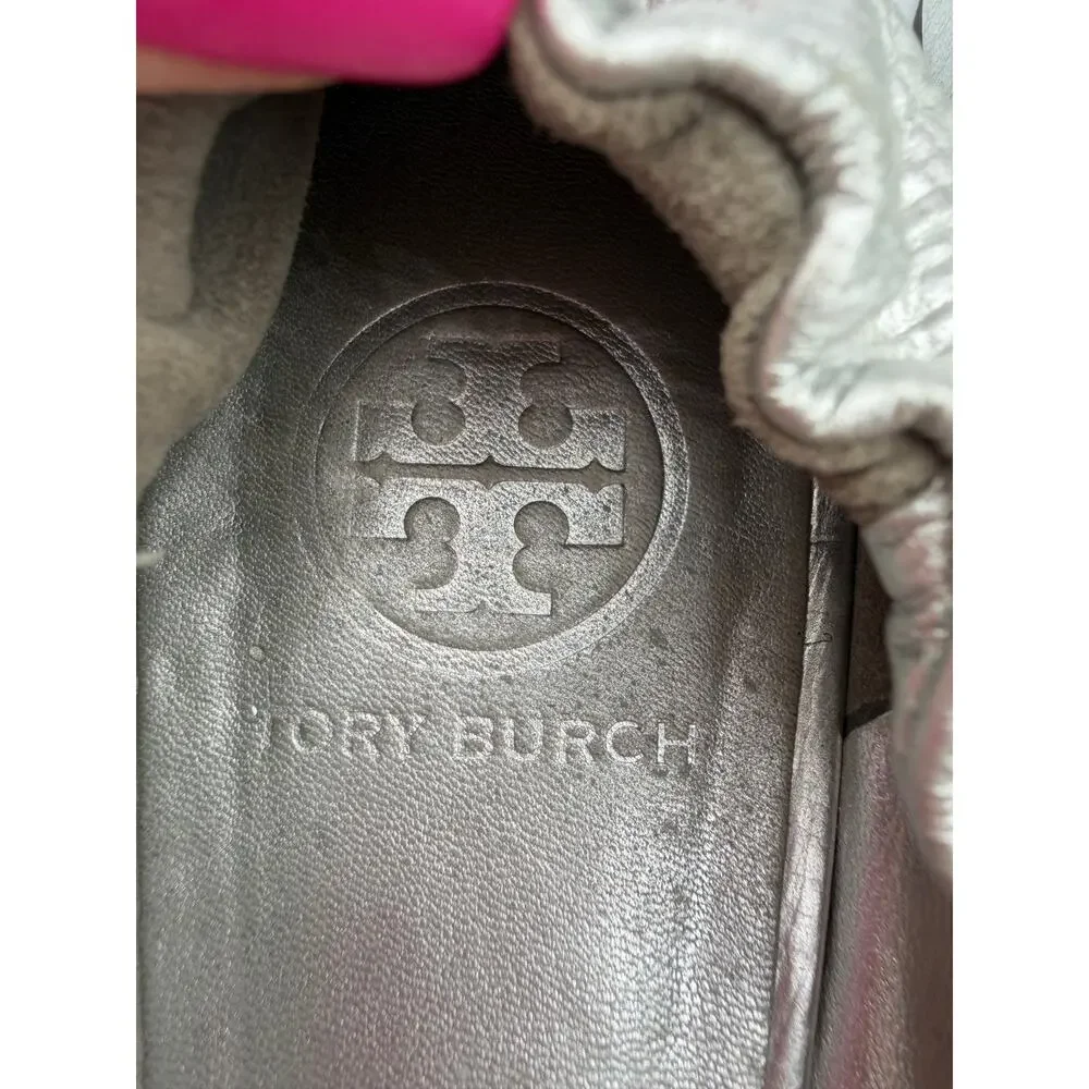 Tory Burch Reva Flats Silver Metallic‎ Leather Logo Medallion Shoes Size 10 Y2K